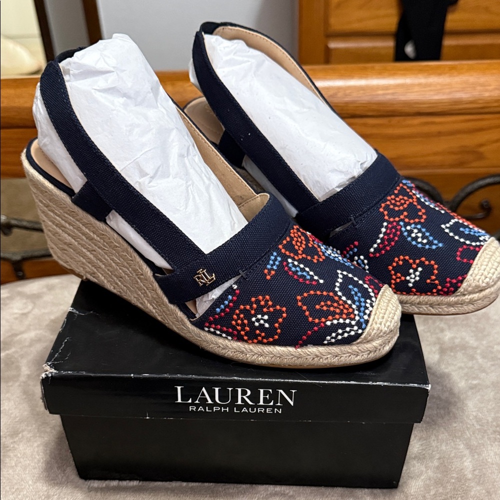 Ralph Lauren Navy Floral Embroidered Espadrille Wedge Sandals